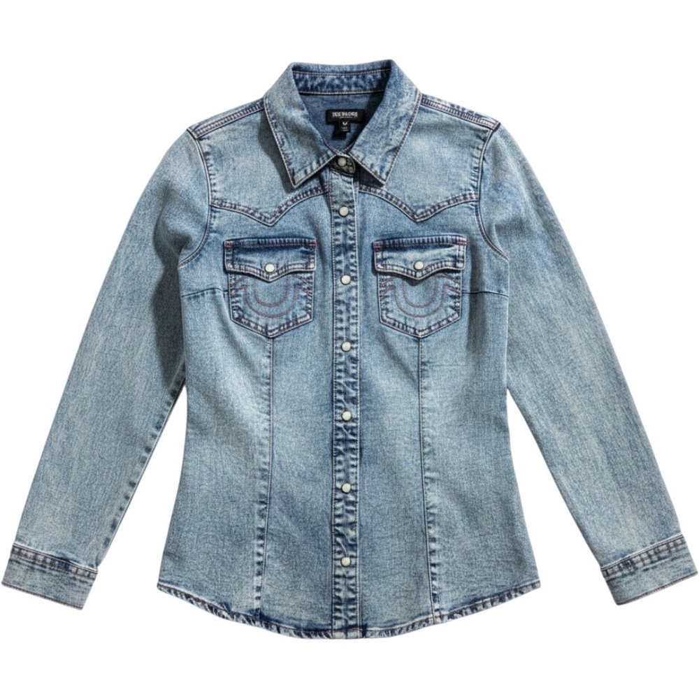 True Religion Denim Shirt Jacket Women S Western Acid Wash Pearl Snap Cowgirl